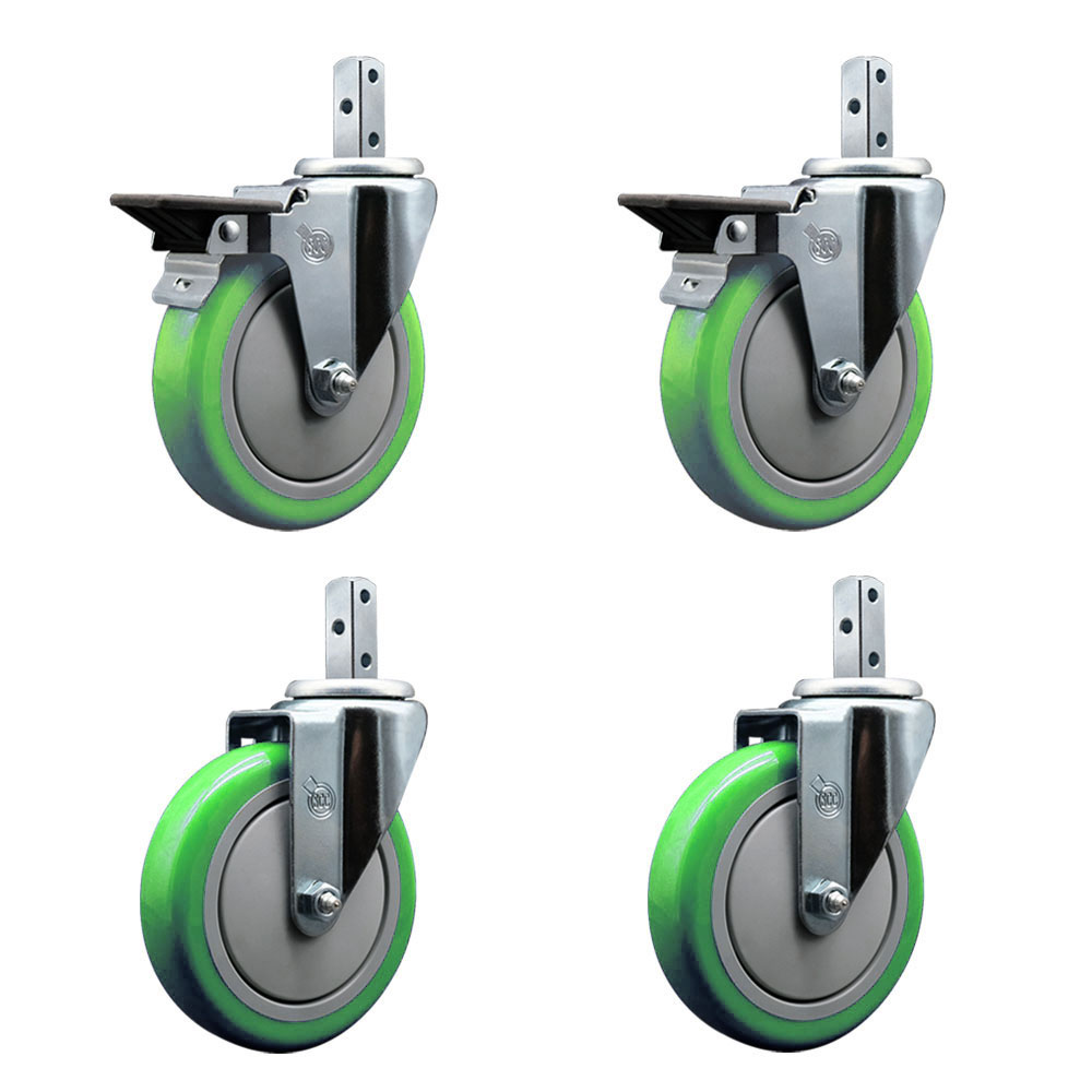 Swivel Square Stem Caster Set 4 w/5” x 1.25” Green Poly Wheel - 7/8” x 2” Square Stem with (3) 17/64” Diameter Mounting Holes - Includes 2 Posi Lock Brakes-1400lbs. Cpty/Caster - Service Caster Brand — photo 1