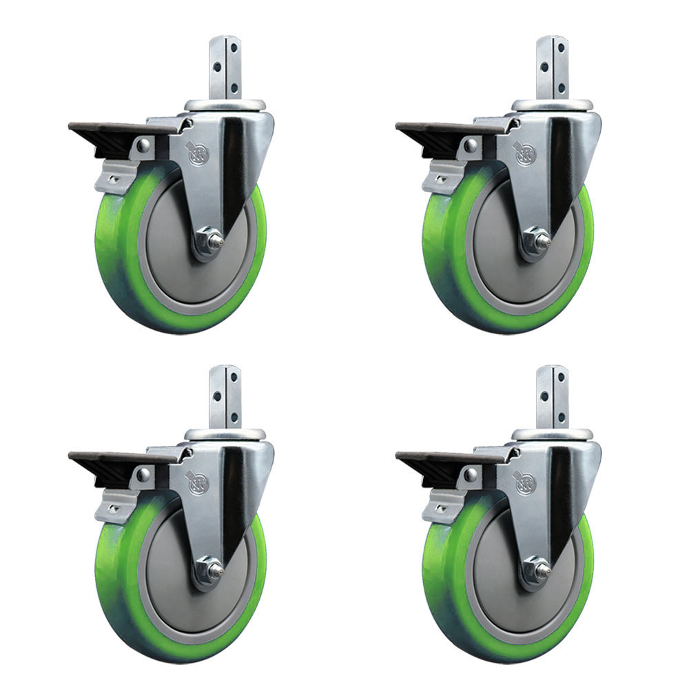 Swivel Square Stem Caster Set 4 w/5” x 1.25” Green Poly Wheel - 7/8” x 2” Square Stem with (3) 17/64” Diameter Mounting Holes - Includes 4 Posi Lock Brakes-1400lbs. Cpty/Caster - Service Caster Brand — photo 1