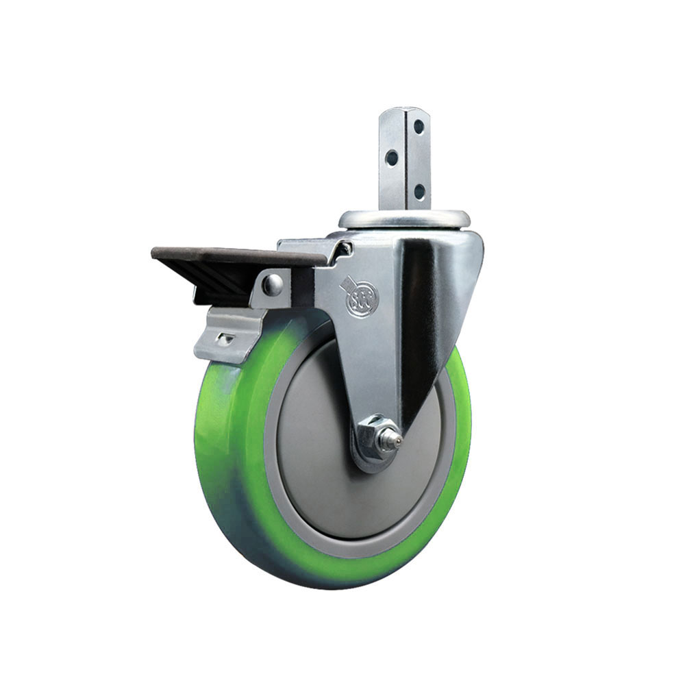 Swivel Square Stem Caster w/5” x 1.25” Green Polyurethane Wheel – 7/8” x 2” Square Stem with (3) 17/64” Diameter Mounting Holes & Posi Lock Brakes – 350 lbs. Capacity/Caster – Service Caster Brand — photo 1