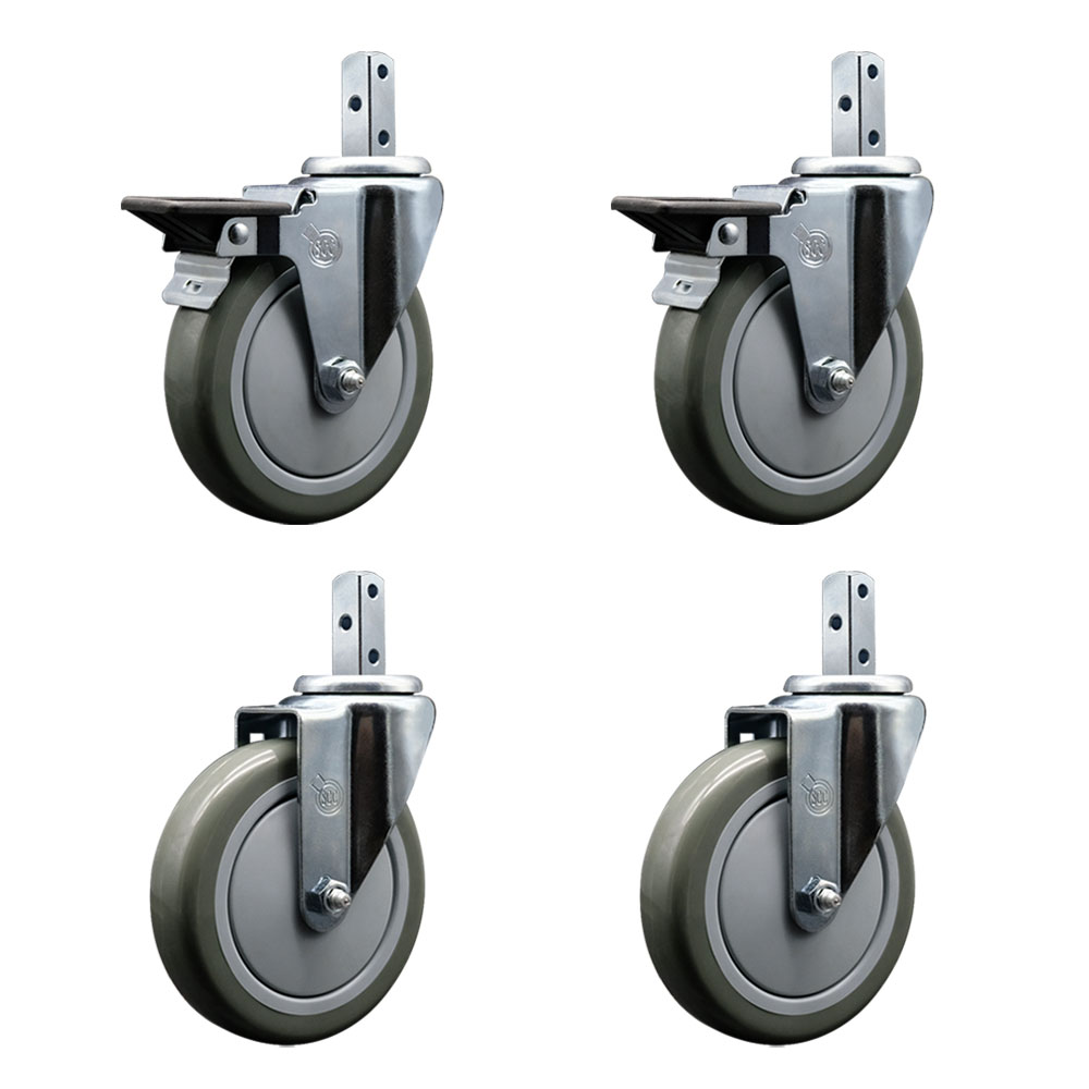 Swivel Square Stem Caster Set 4 w/5” x 1.25” Gray Poly Wheel - 7/8” x 2” Square Stem with (3) 17/64” Diameter Mounting Holes - Includes 2 Posi Lock Brakes-1400lbs. Cpty/Caster - Service Caster Brand — photo 1