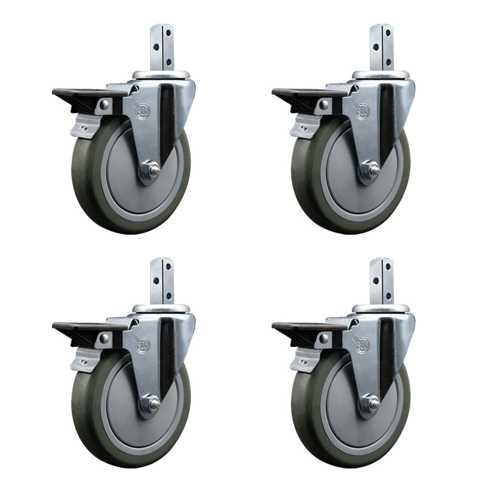 Swivel Square Stem Caster Set 4 w/5” x 1.25” Gray Poly Wheel - 7/8” x 2” Square Stem with (3) 17/64” Diameter Mounting Holes - Includes 4 Posi Lock Brakes-1400lbs. Cpty/Caster - Service Caster Brand — photo 1