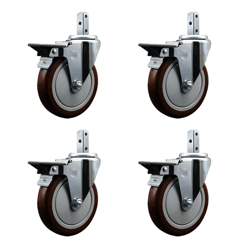 Swivel Square Stem Caster Set 4 w/5” x 1.25” Maroon Poly Wheel - 3/4” x 2” Square Stem with (3) 17/64” Diameter Mounting Holes - Includes 4 Posi Lock Brakes-1400lbs. Cpty/Caster - Service Caster Brand — photo 1