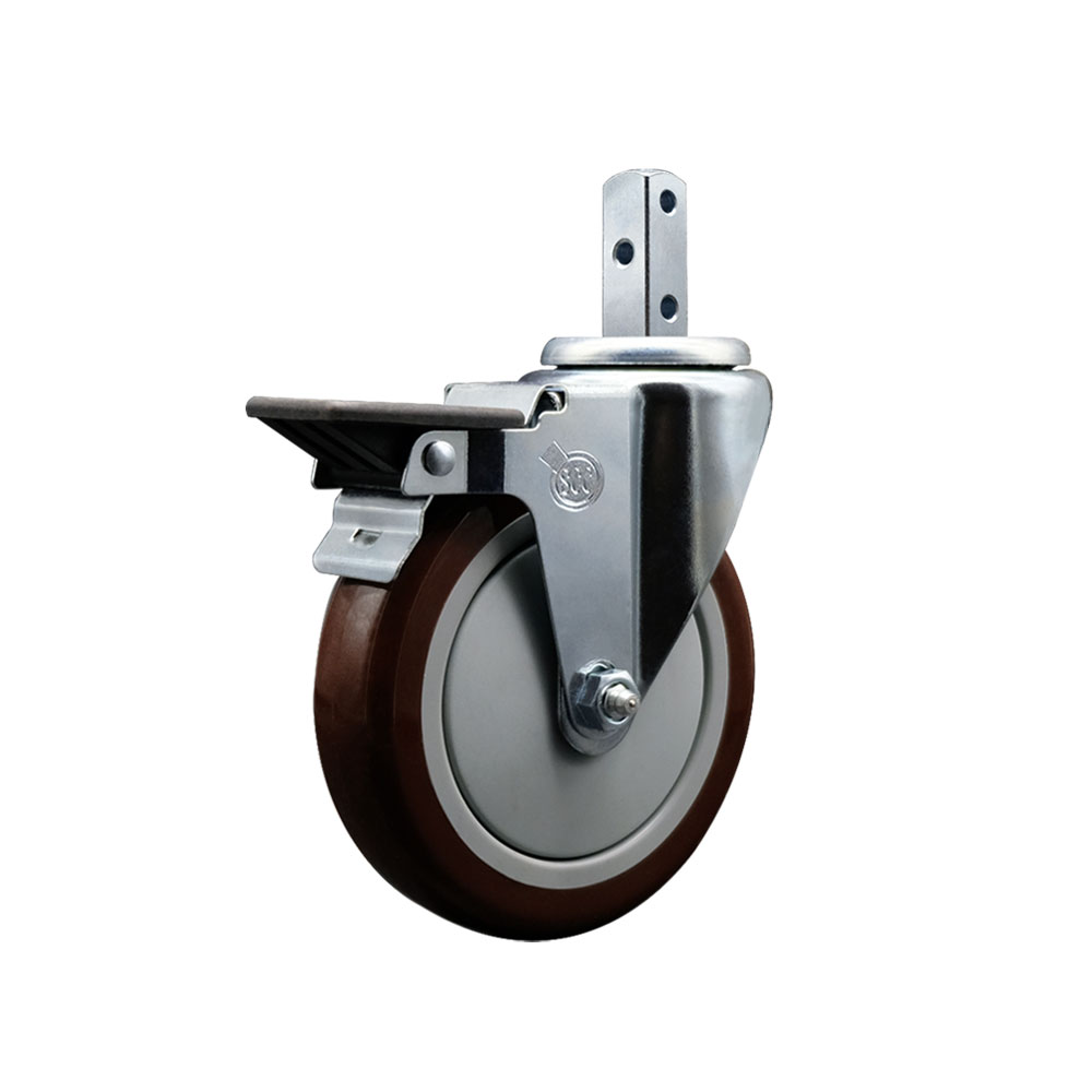 Swivel Square Stem Caster w/5” x 1.25” Maroon Polyurethane Wheel – 3/4” x 2” Square Stem with (3) 17/64” Diameter Mounting Holes & Posi Lock Brakes – 350 lbs. Capacity/Caster – Service Caster Brand — photo 1