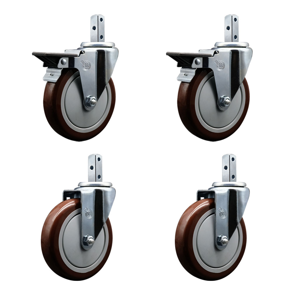 Swivel Square Stem Caster Set 4 w/5” x 1.25” Maroon Poly Wheel - 7/8” x 2” Square Stem with (3) 17/64” Diameter Mounting Holes - Includes 2 Posi Lock Brakes-1400lbs. Cpty/Caster - Service Caster Brand — photo 1