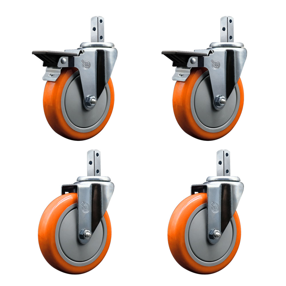Swivel Square Stem Caster Set 4 w/5” x 1.25” Orange Poly Wheel - 7/8” x 2” Square Stem with (3) 17/64” Diameter Mounting Holes - Includes 2 Posi Lock Brakes-1400lbs. Cpty/Caster - Service Caster Brand — photo 1