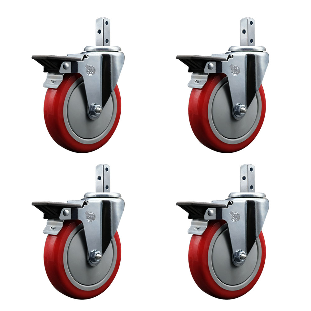 Swivel Square Stem Caster Set 4 w/5” x 1.25” Red Poly Wheel - 3/4” x 2” Square Stem with (3) 17/64” Diameter Mounting Holes - Includes 4 Posi Lock Brakes-1400lbs. Cpty/Caster - Service Caster Brand — photo 1