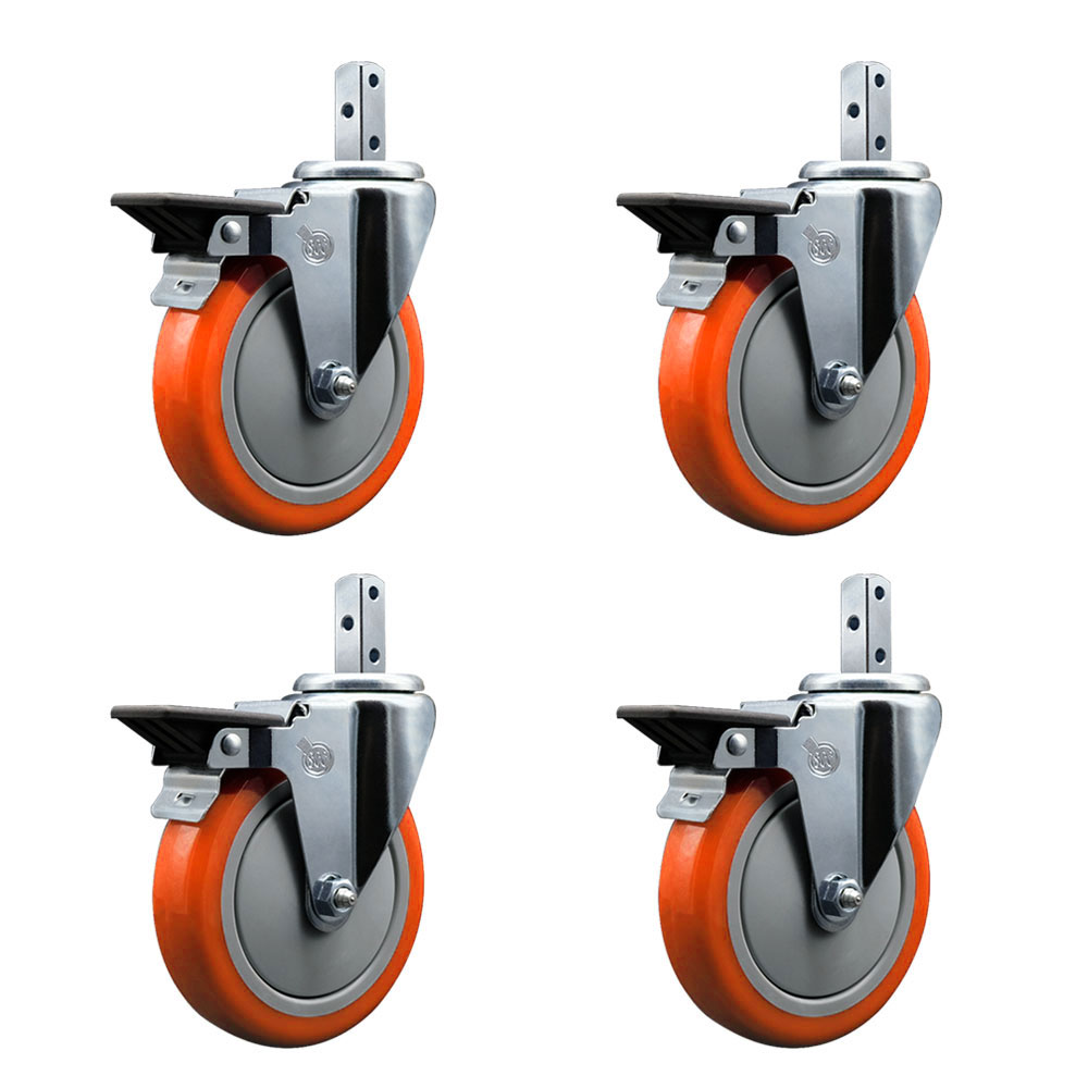 Swivel Square Stem Caster Set 4 w/5” x 1.25” Orange Poly Wheel - 3/4” x 2” Square Stem with (3) 17/64” Diameter Mounting Holes - Includes 4 Posi Lock Brakes-1400lbs. Cpty/Caster - Service Caster Brand — photo 1