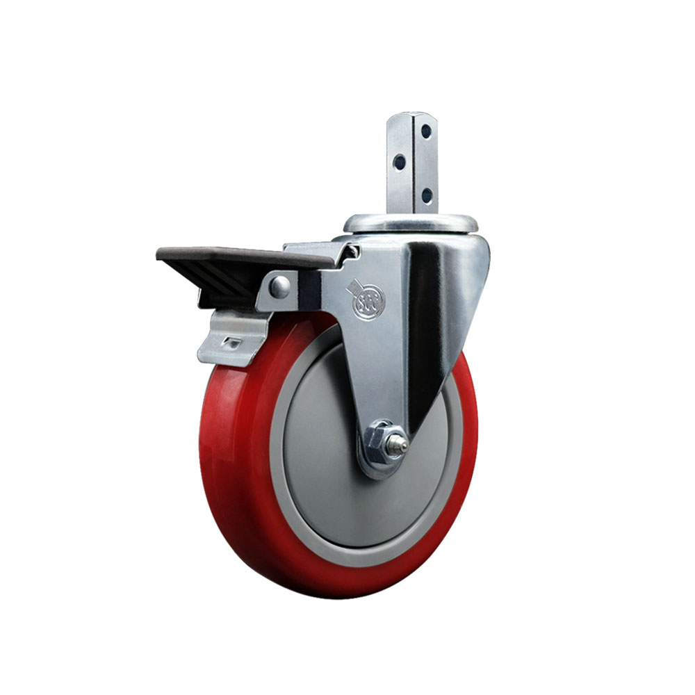 Swivel Square Stem Caster w/5” x 1.25” Red Polyurethane Wheel – 3/4” x 2” Square Stem with (3) 17/64” Diameter Mounting Holes & Posi Lock Brakes – 350 lbs. Capacity/Caster – Service Caster Brand — photo 1