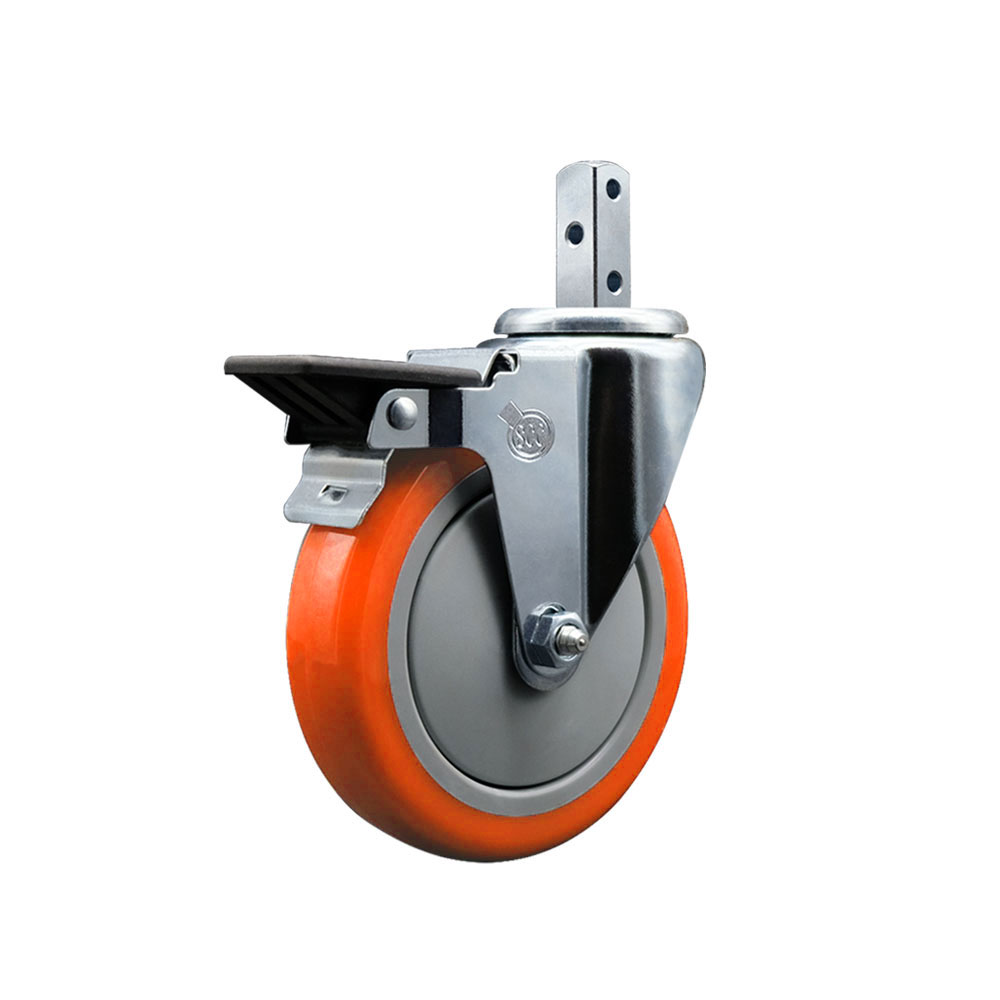 Swivel Square Stem Caster w/5” x 1.25” Orange Polyurethane Wheel – 7/8” x 2” Square Stem with (3) 17/64” Diameter Mounting Holes & Posi Lock Brakes – 350 lbs. Capacity/Caster – Service Caster Brand — photo 1