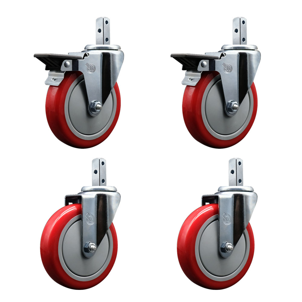 Swivel Square Stem Caster Set 4 w/5” x 1.25” Red Poly Wheel - 7/8” x 2” Square Stem with (3) 17/64” Diameter Mounting Holes - Includes 2 Posi Lock Brakes-1400lbs. Cpty/Caster - Service Caster Brand — photo 1
