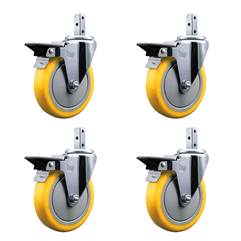 Swivel Square Stem Caster Set 4 w/5” x 1.25” Yellow Poly Wheel - 3/4” x 2” Square Stem with (3) 17/64” Diameter Mounting Holes - Includes 4 Posi Lock Brakes-1400lbs. Cpty/Caster - Service Caster Brand — photo 1