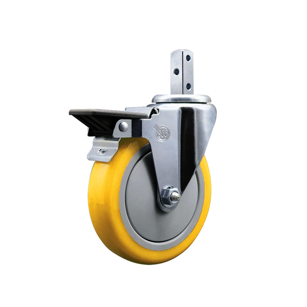 Swivel Square Stem Caster w/5” x 1.25” Yellow Polyurethane Wheel – 3/4” x 2” Square Stem with (3) 17/64” Diameter Mounting Holes & Posi Lock Brakes – 350 lbs. Capacity/Caster – Service Caster Brand — photo 1