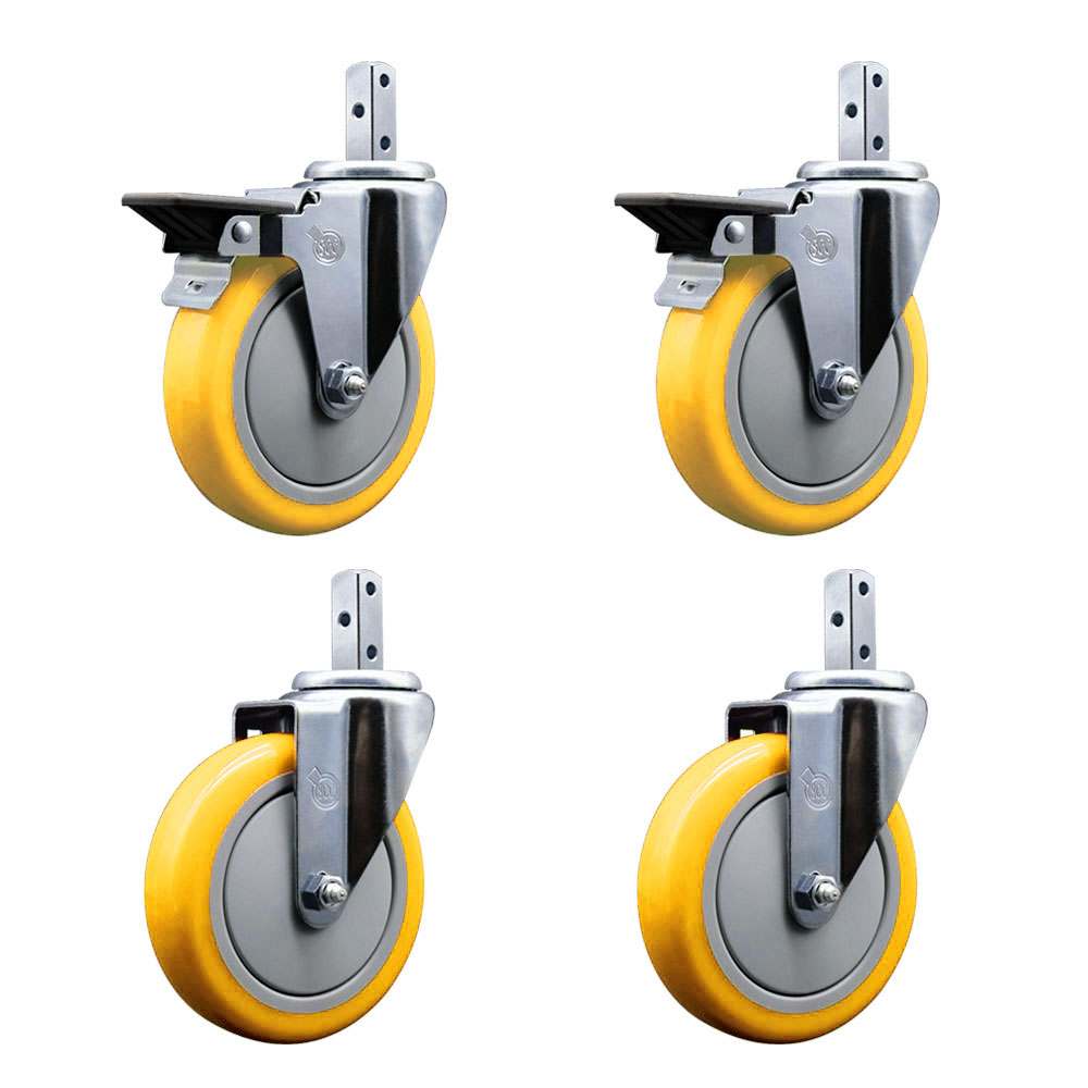 Swivel Square Stem Caster Set 4 w/5” x 1.25” Yellow Poly Wheel - 7/8” x 2” Square Stem with (3) 17/64” Diameter Mounting Holes - Includes 2 Posi Lock Brakes-1400lbs. Cpty/Caster - Service Caster Brand — photo 1