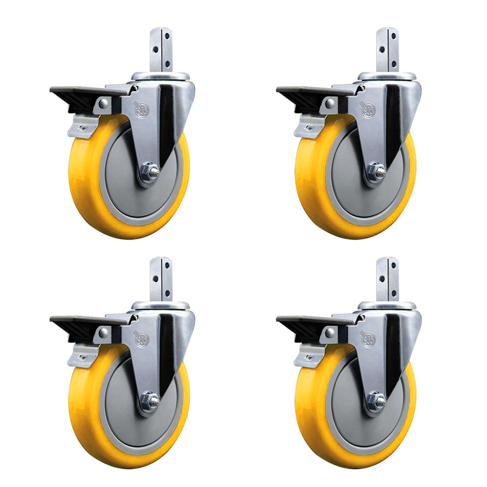 Swivel Square Stem Caster Set 4 w/5” x 1.25” Yellow Poly Wheel - 7/8” x 2” Square Stem with (3) 17/64” Diameter Mounting Holes - Includes 4 Posi Lock Brakes-1400lbs. Cpty/Caster - Service Caster Brand — photo 1
