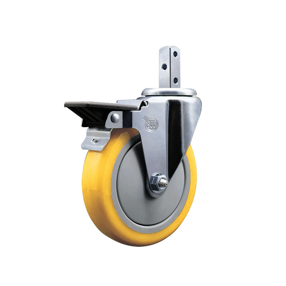 Swivel Square Stem Caster w/5” x 1.25” Yellow Polyurethane Wheel – 7/8” x 2” Square Stem with (3) 17/64” Diameter Mounting Holes & Posi Lock Brakes – 350 lbs. Capacity/Caster – Service Caster Brand — photo 1