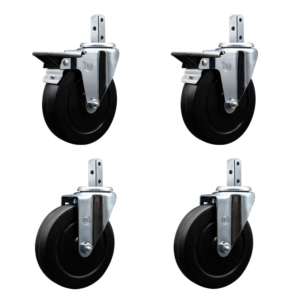 Swivel Square Stem Caster Set 4 w/5” x 1.25” Black Soft Rubber Wheel-3/4” x 2” Square Stem with (3) 17/64” Diameter Mounting Holes-Includes 2 Posi Lck Brakes-1100lbs. Cpty/Caster- Service Caster Brand — photo 1