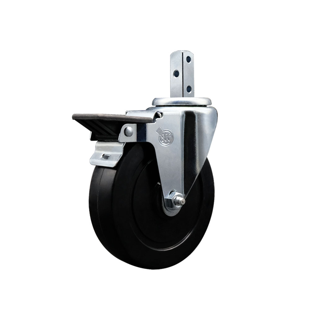 Swivel Square Stem Caster w/5” x 1.25” Black Soft Rubber Wheel – 3/4” x 2” Square Stem with (3) 17/64” Diameter Mounting Holes & Posi Lock Brakes – 275 lbs. Capacity/Caster – Service Caster Brand — photo 1