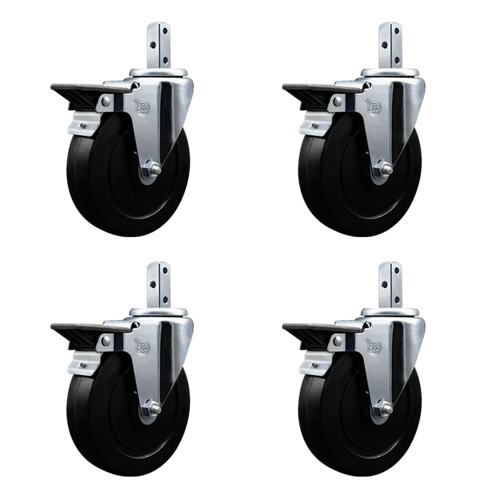 Swivel Square Stem Caster Set 4 w/5” x 1.25” Black Soft Rubber Wheel-7/8” x 2” Square Stem with (3) 17/64” Diameter Mounting Holes-Includes 4 Posi Lck Brakes-1100lbs. Cpty/Caster- Service Caster Brand — photo 1