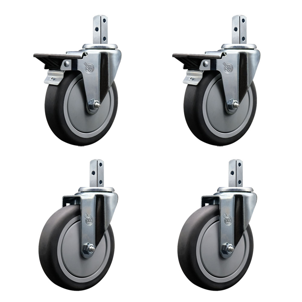 Swivel Square Stem Caster Set 4 w/5” x 1.25” Gray Thermoplastic Rubber Wheel - 3/4” x 2” Square Stem with (3) 17/64” Diameter Mounting Holes - Includes 2 Posi Lock Brakes - Service Caster Brand — photo 1