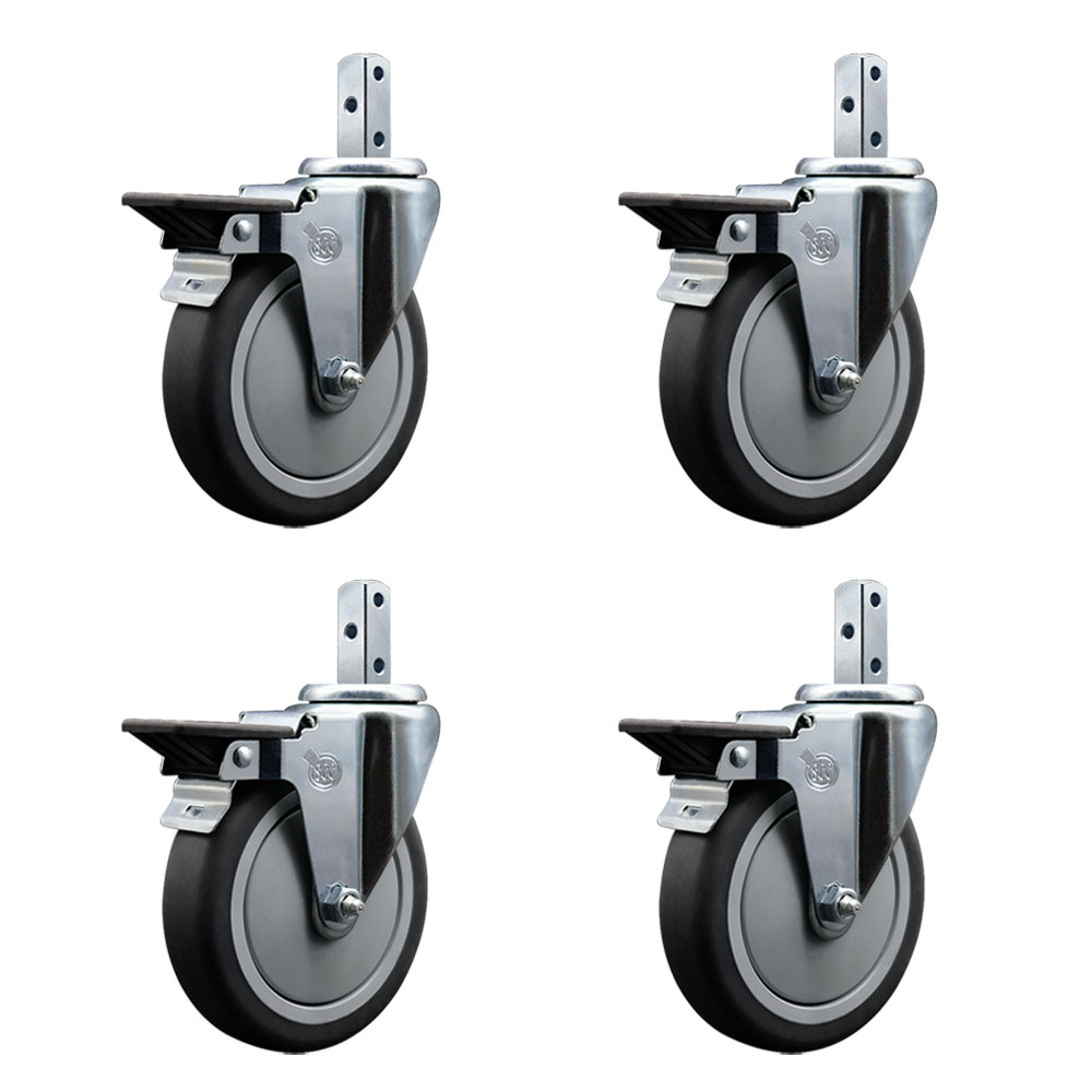 Swivel Square Stem Caster Set 4 w/5” x 1.25” Gray Thermoplastic Rubber Wheel - 3/4” x 2” Square Stem with (3) 17/64” Diameter Mounting Holes - Includes 4 Posi Lock Brakes - Service Caster Brand — photo 1