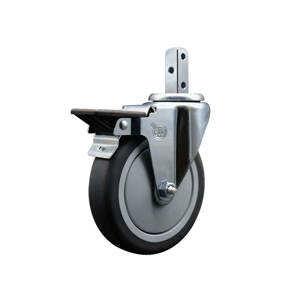 Swivel Square Stem Caster w/5” x 1.25” Gray Thermoplastic Rubber Wheel – 7/8” x 2” Square Stem with (3) 17/64” Diameter Mounting Holes & Posi Lock Brake– 300lbs. Capacity/Caster – Service Caster Brand — photo 1