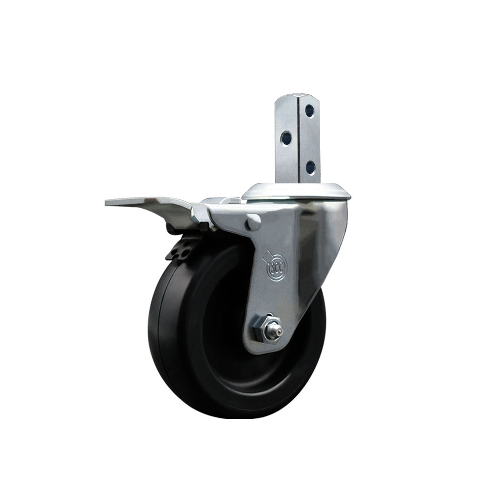 Polyolefin Swivel Square Stem Caster Wheel with 4 Inch Black Wheel – 3/4” x 2” Square Stem with (3) 17/64” Diameter Mounting Holes and Total Lock Brake – 350 lbs. Capacity/Caster– Service Caster Brand — photo 1
