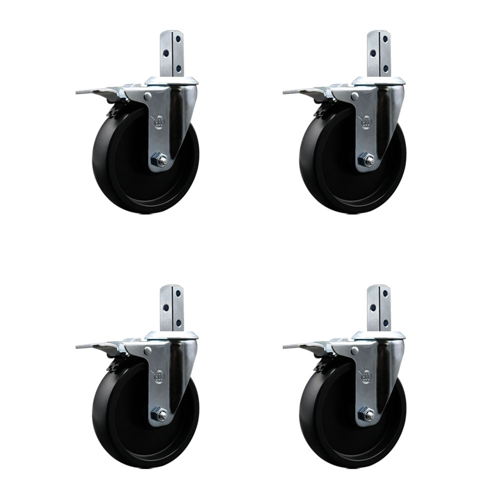 Polyolefin Swivel Square Stem Caster Wheels Set 4 with 5 Inch Wheel-3/4” x 2” Square Stem with (3) 17/64” Diameter Mounting Holes-Includes 4 Total Lock Brakes-1400lbs. Cpty/Caster-Service Caster Brand — photo 1