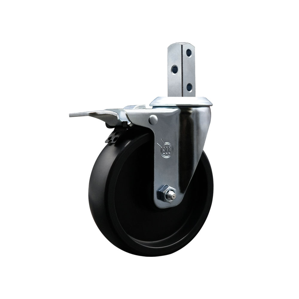Polyolefin Swivel Square Stem Caster Wheel with 5 Inch Black Wheel – 3/4” x 2” Square Stem with (3) 17/64” Diameter Mounting Holes and Total Lock Brake – 350 lbs. Capacity/Caster– Service Caster Brand — photo 1