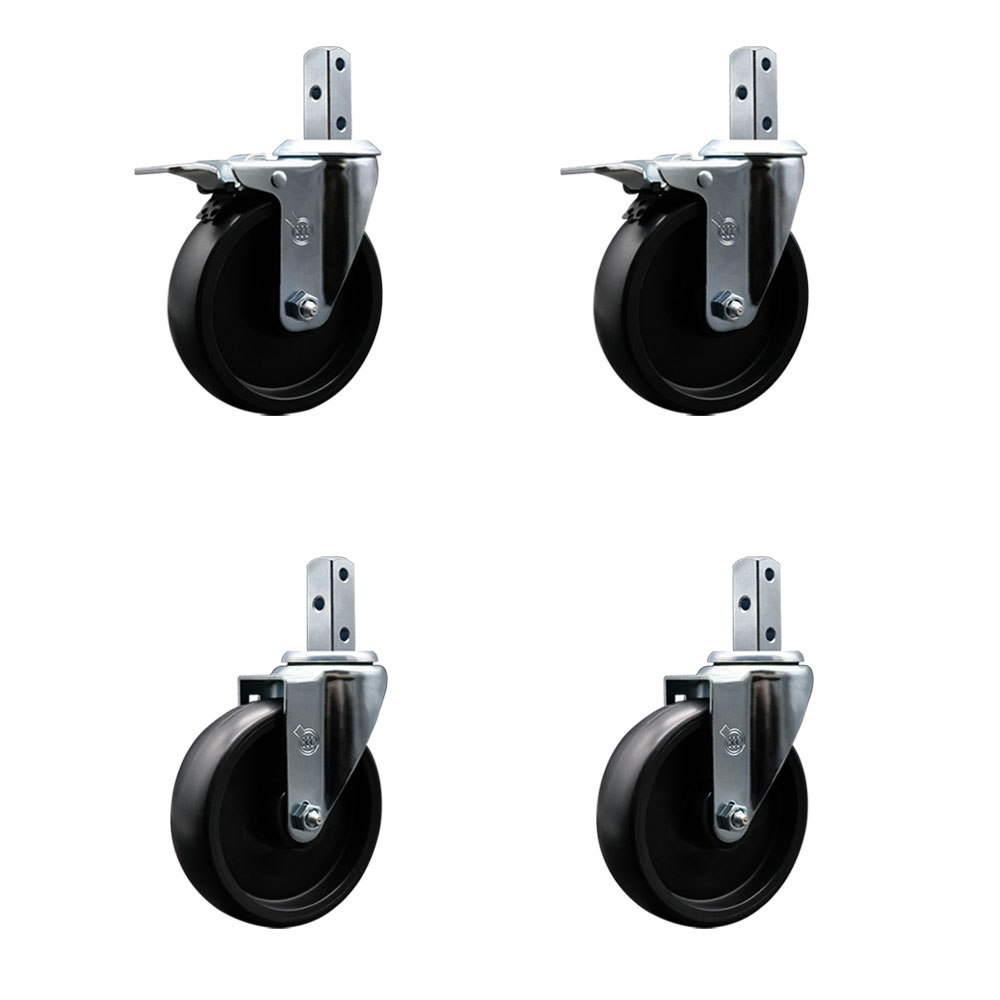 Polyolefin Swivel Square Stem Caster Wheels Set 4 with 5 Inch Wheel-7/8” x 2” Square Stem with (3) 17/64” Diameter Mounting Holes-Includes 2 Total Lock Brakes-1400lbs. Cpty/Caster-Service Caster Brand — photo 1