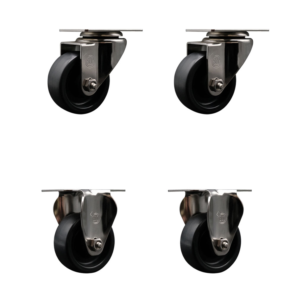 Stainless Steel Polyolefin Swivel Top Plate Caster Wheels Set of 4 with 3 Inch Black Wheels - Includes 2 Swivel and 2 Rigid - 1200 lbs. Total Capacity - Service Caster Brand — photo 1
