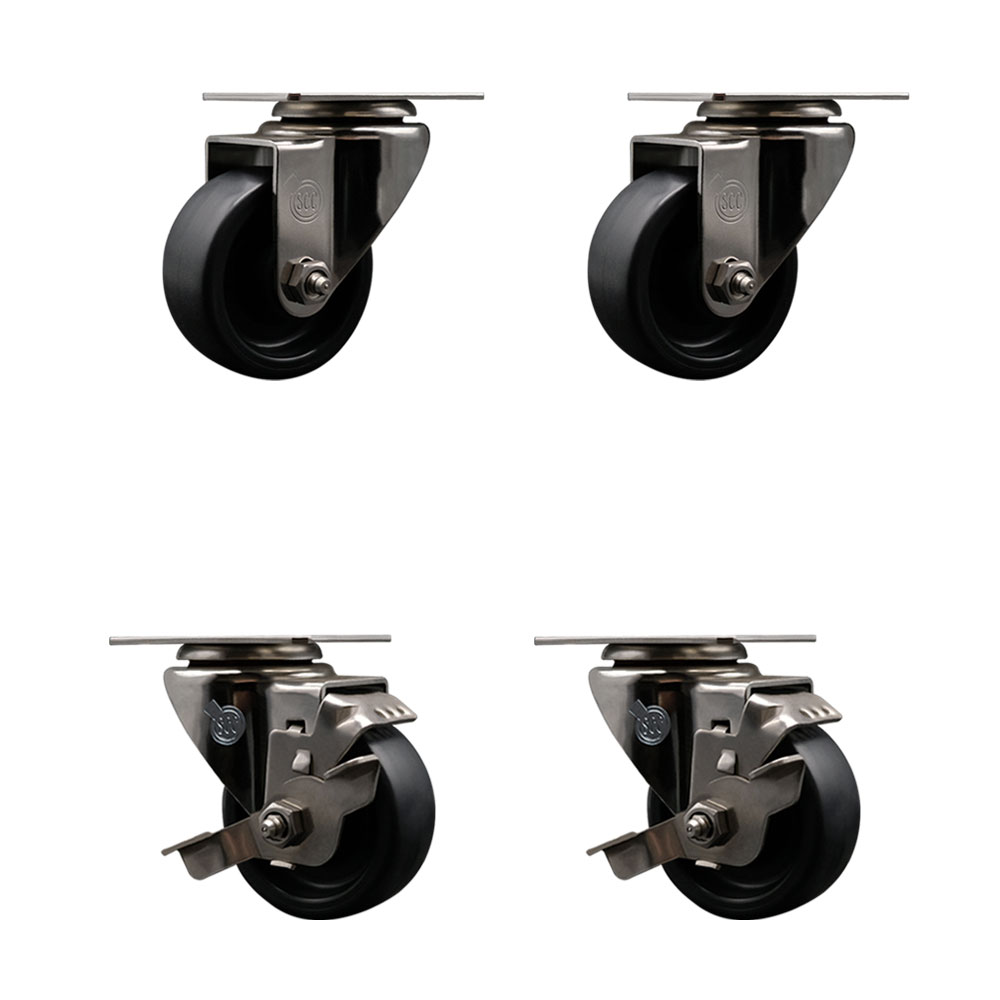 Stainless Steel Polyolefin Swivel Top Plate Caster Wheels Set of 4 with 3 Inch Black Wheels - Includes 2 Swivel with Top Lock Brakes and 2 Swivel - 1200 lbs. Total Capacity - Service Caster Brand — photo 1