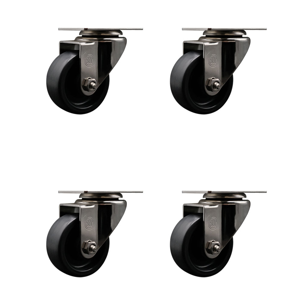 Stainless Steel Polyolefin Swivel Top Plate Caster Wheels Set of 4 with 3 Inch Black Wheels - Includes 4 Swivel - 1200 lbs. Total Capacity - Service Caster Brand — photo 1