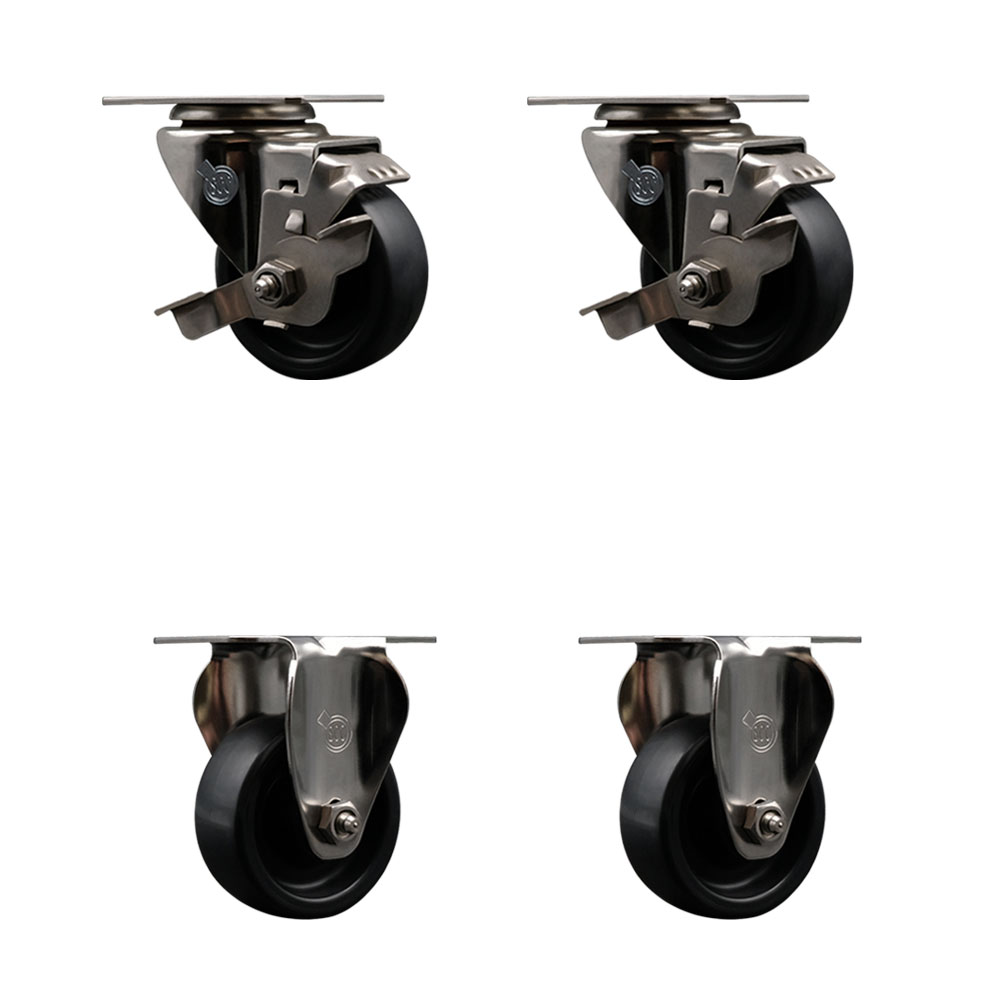 Stainless Steel Polyolefin Swivel Top Plate Caster Wheels Set of 4 with 3 Inch Black Wheels - Includes 2 Swivel with Top Lock Brakes and 2 Rigid - 1200 lbs. Total Capacity - Service Caster Brand — photo 1