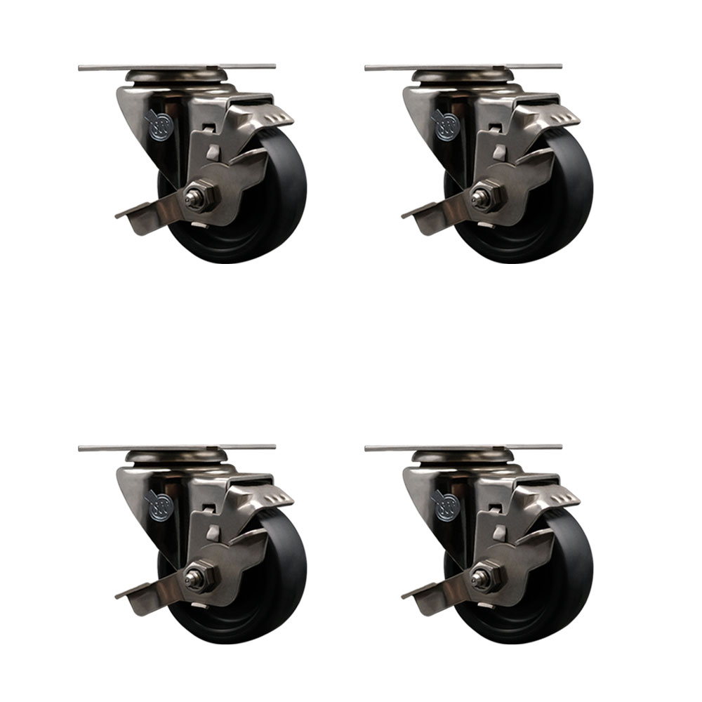 Stainless Steel Polyolefin Swivel Top Plate Caster Wheels Set of 4 with 3 Inch Black Wheels - Includes 4 Swivel with Top Lock Brakes - 1200 lbs. Total Capacity - Service Caster Brand — photo 1