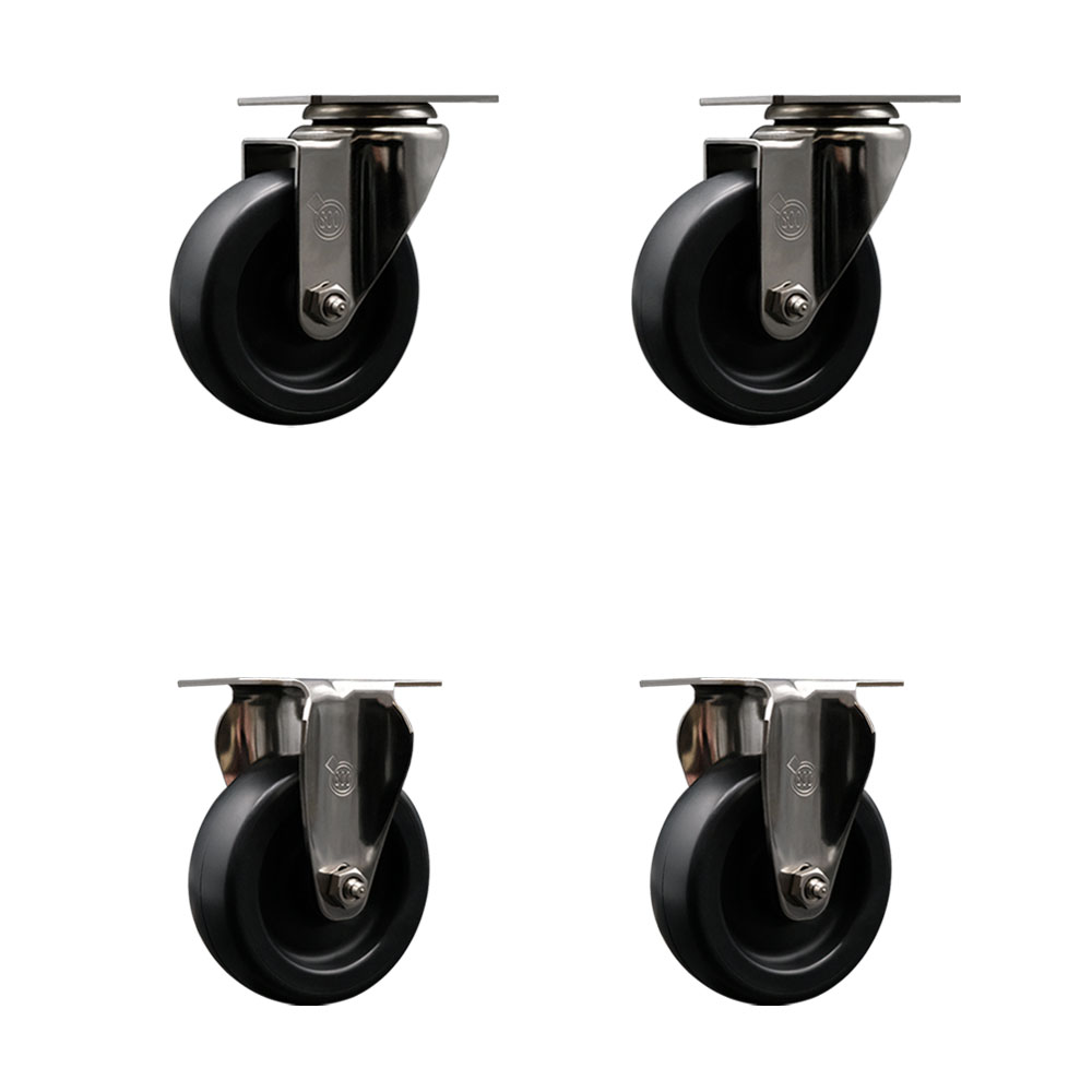 Stainless Steel Polyolefin Swivel Top Plate Caster Wheels Set of 4 with 4 Inch Black Wheels - Includes 2 Swivel and 2 Rigid - 1400 lbs. Total Capacity - Service Caster Brand — photo 1