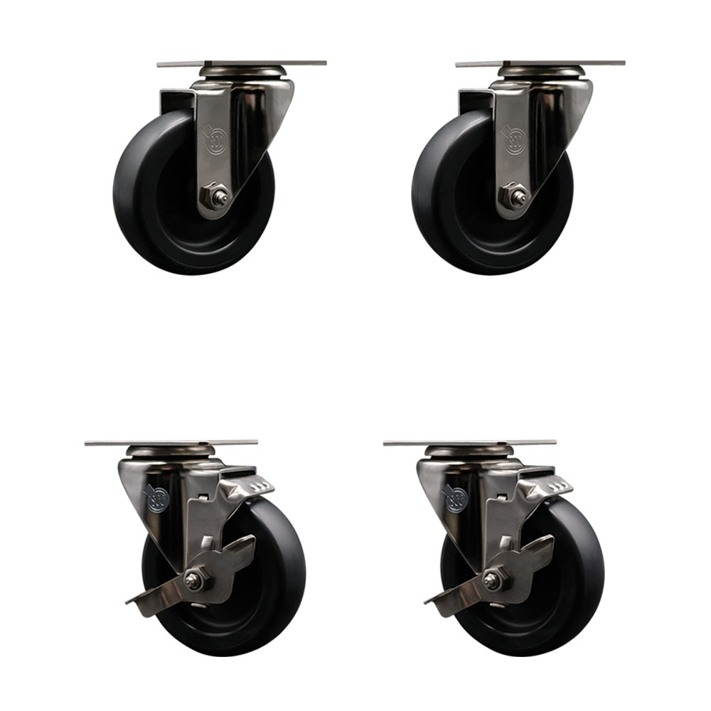 Stainless Steel Polyolefin Swivel Top Plate Caster Wheels Set of 4 with 4 Inch Black Wheels - Includes 2 Swivel with Top Lock Brakes and 2 Swivel - 1400 lbs. Total Capacity - Service Caster Brand — photo 1