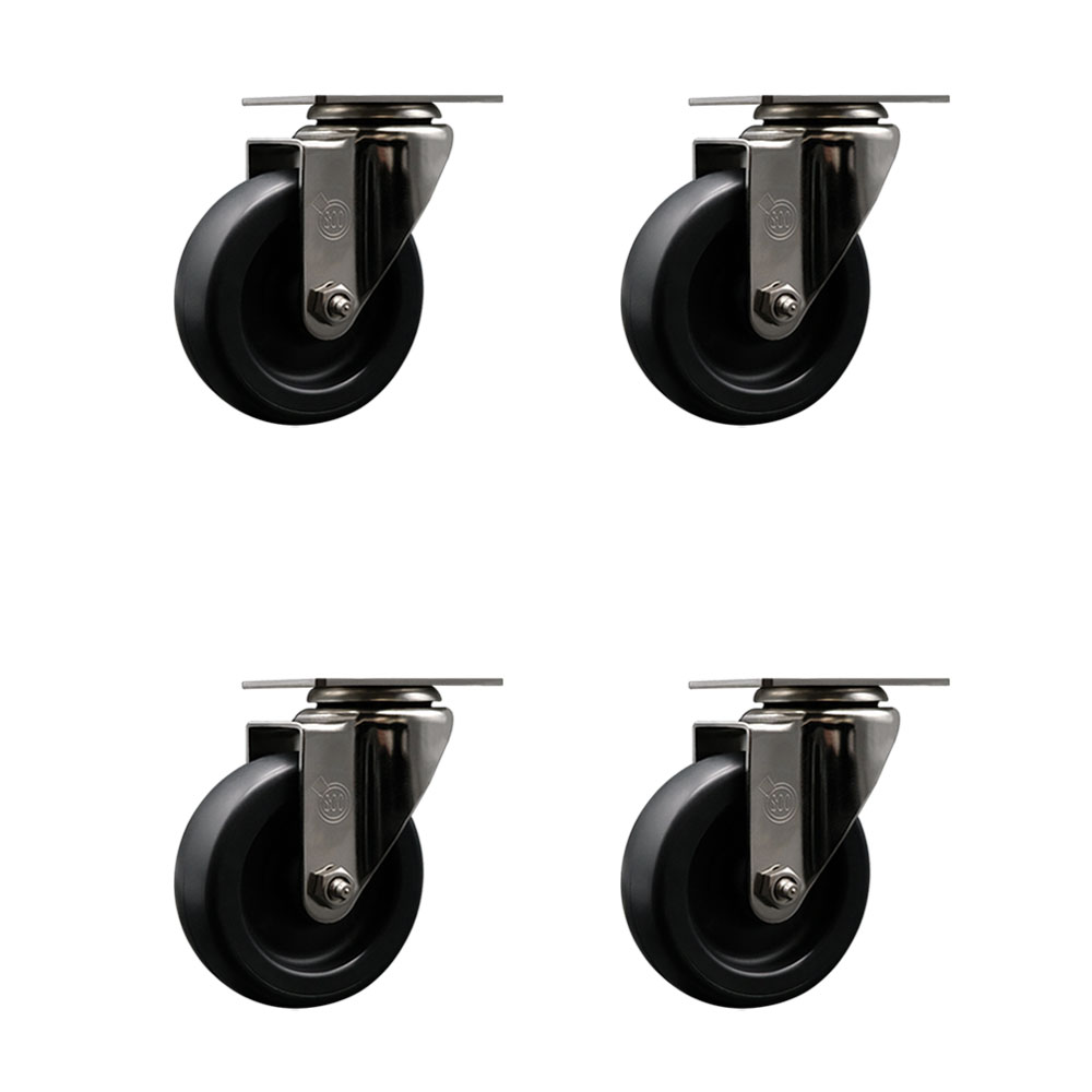 Stainless Steel Polyolefin Swivel Top Plate Caster Wheels Set of 4 with 4 Inch Black Wheels - Includes 4 Swivel - 1400 lbs. Total Capacity - Service Caster Brand — photo 1