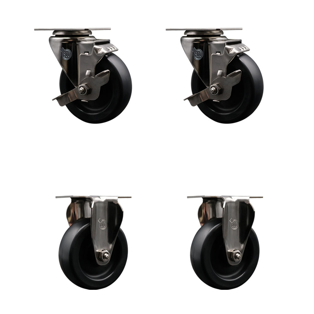 Stainless Steel Polyolefin Swivel Top Plate Caster Wheels Set of 4 with 4 Inch Black Wheels - Includes 2 Swivel with Top Lock Brakes and 2 Rigid - 1400 lbs. Total Capacity - Service Caster Brand — photo 1