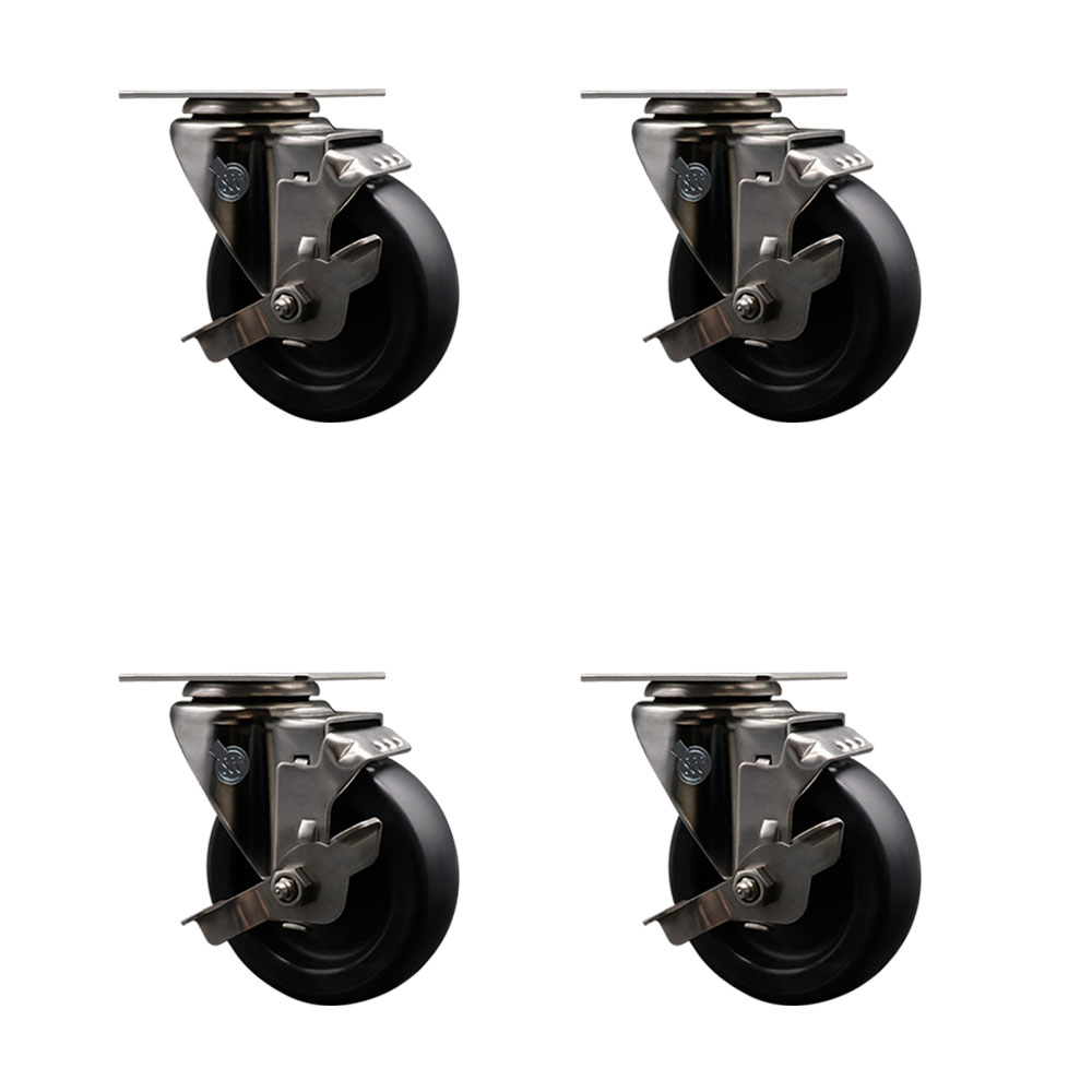 Stainless Steel Polyolefin Swivel Top Plate Caster Wheels Set of 4 with 4 Inch Black Wheels - Includes 4 Swivel with Top Lock Brakes - 1400 lbs. Total Capacity - Service Caster Brand — photo 1