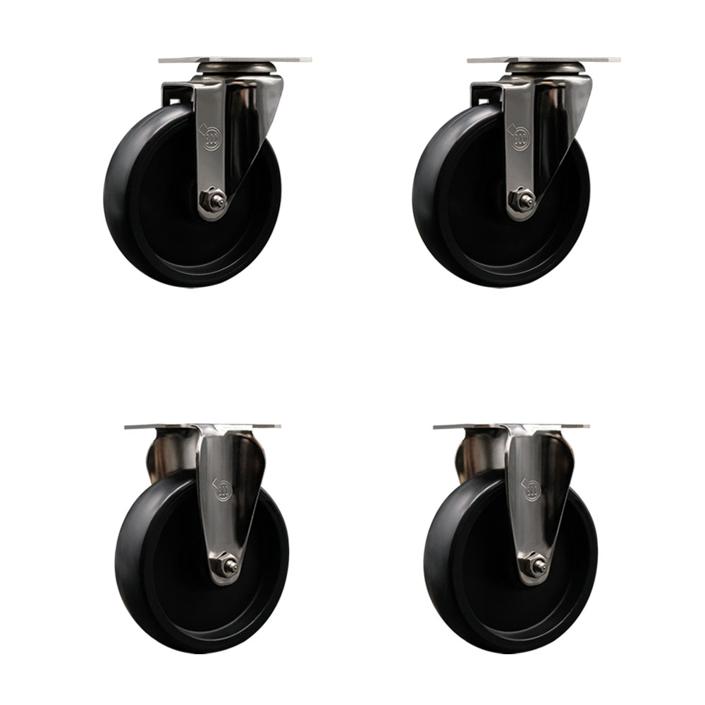 Stainless Steel Polyolefin Swivel Top Plate Caster Wheels Set of 4 with 5 Inch Black Wheels - Includes 2 Swivel and 2 Rigid - 1400 lbs. Total Capacity - Service Caster Brand — photo 1