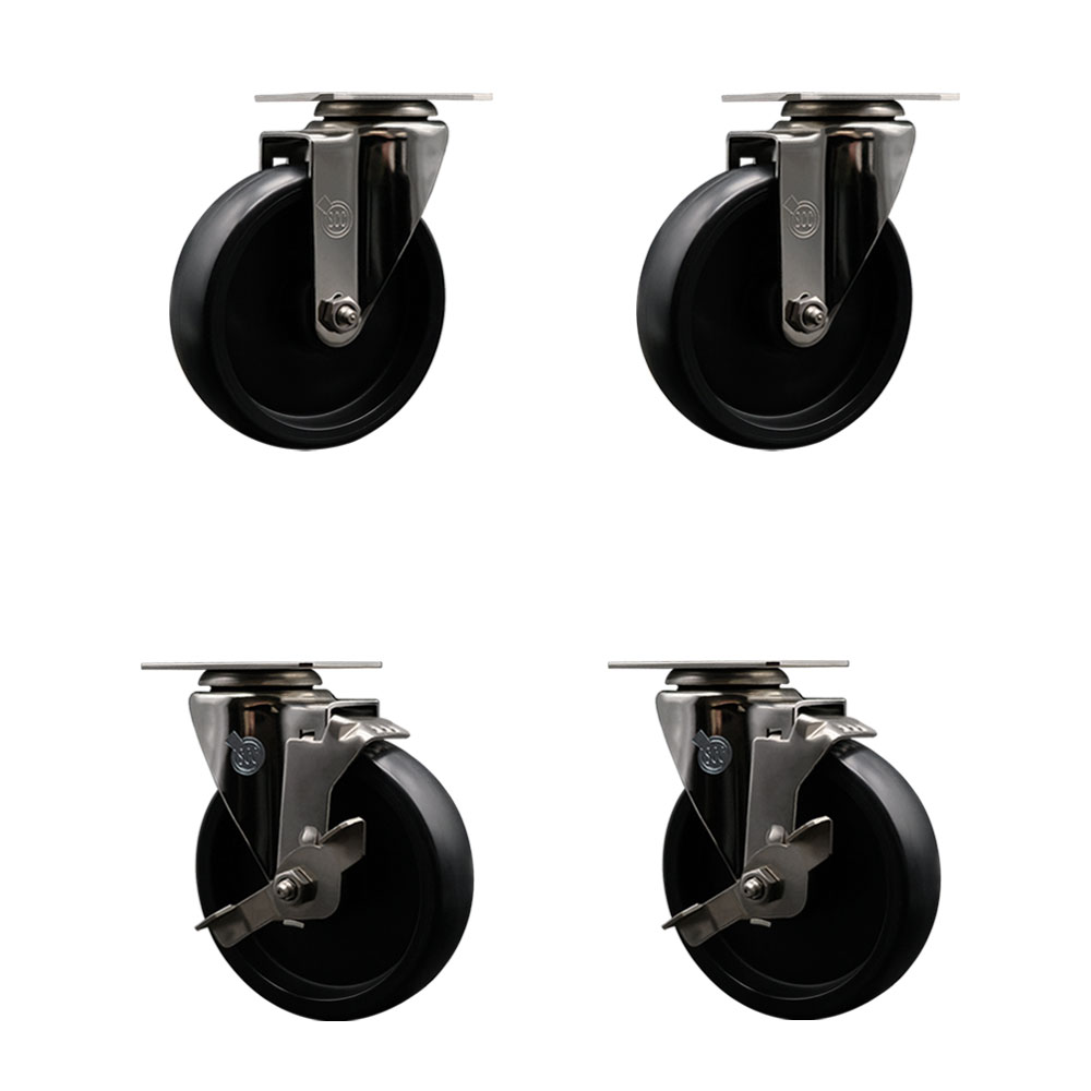 Stainless Steel Polyolefin Swivel Top Plate Caster Wheels Set of 4 with 5 Inch Black Wheels - Includes 2 Swivel with Top Lock Brakes and 2 Swivel - 1400 lbs. Total Capacity - Service Caster Brand — photo 1