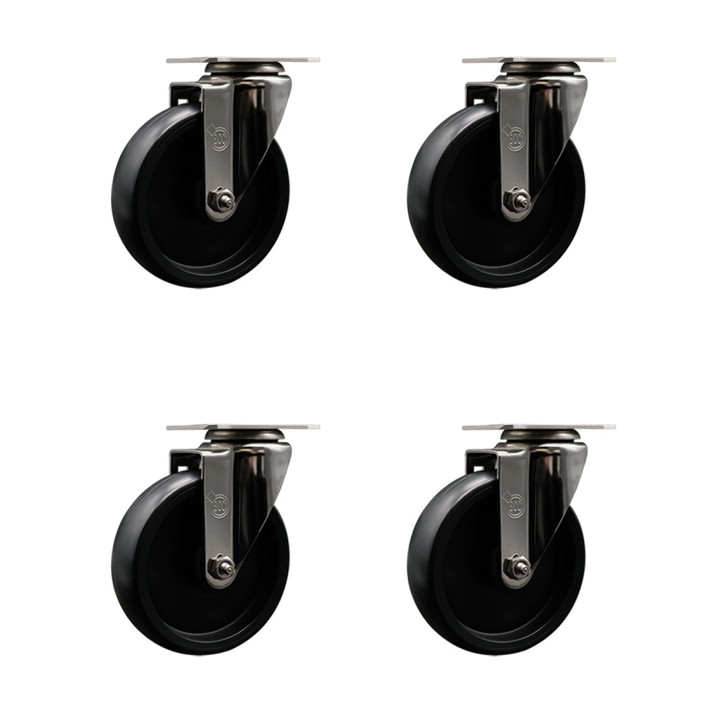 Stainless Steel Polyolefin Swivel Top Plate Caster Wheels Set of 4 with 5 Inch Black Wheels - Includes 4 Swivel - 1400 lbs. Total Capacity - Service Caster Brand — photo 1