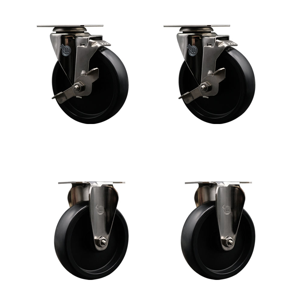 Stainless Steel Polyolefin Swivel Top Plate Caster Wheels Set of 4 with 5 Inch Black Wheels - Includes 2 Swivel with Top Lock Brakes and 2 Rigid - 1400 lbs. Total Capacity - Service Caster Brand — photo 1