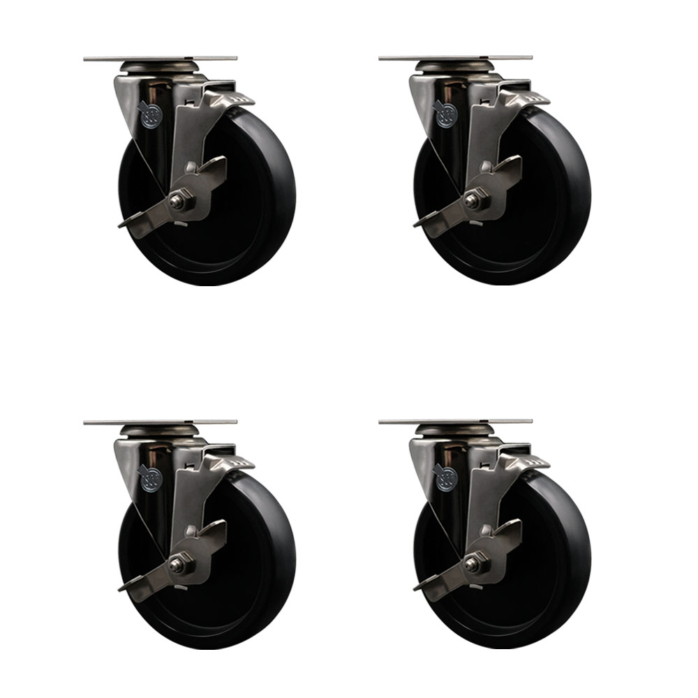 Stainless Steel Polyolefin Swivel Top Plate Caster Wheels Set of 4 with 5 Inch Black Wheels - Includes 4 Swivel with Top Lock Brakes - 1400 lbs. Total Capacity - Service Caster Brand — photo 1