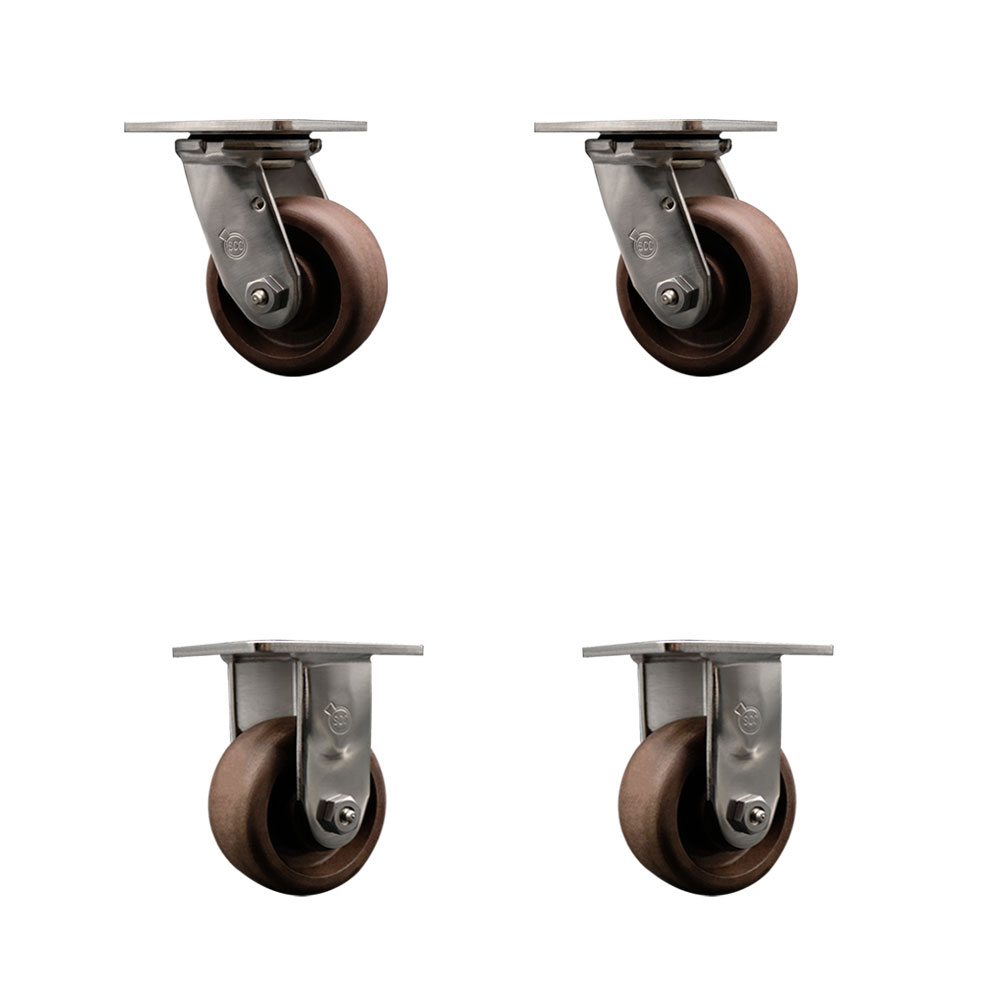 Stainless Steel Heavy Duty Swivel Caster Set of 4 with 4 Inch High Temperature Glass Filled Nylon Wheels and Bronze Bearings-Includes 2 Swivel and 2 Rigid-2,400lbs. Total Capacity-Service Caster Brand — photo 1