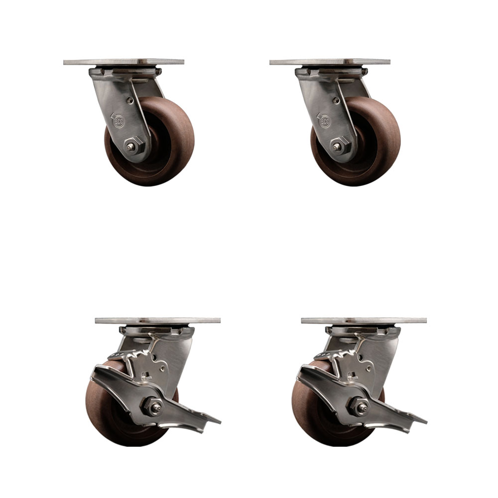 Stainless Steel Heavy Duty Swivel Caster Set of 4 with 4 Inch High Temperature Glass Filled Nylon Wheels - Includes 2 Swivel with Brakes and 2 Swivel - 2,400 lbs. Total Capacity - Service Caster Brand — photo 1