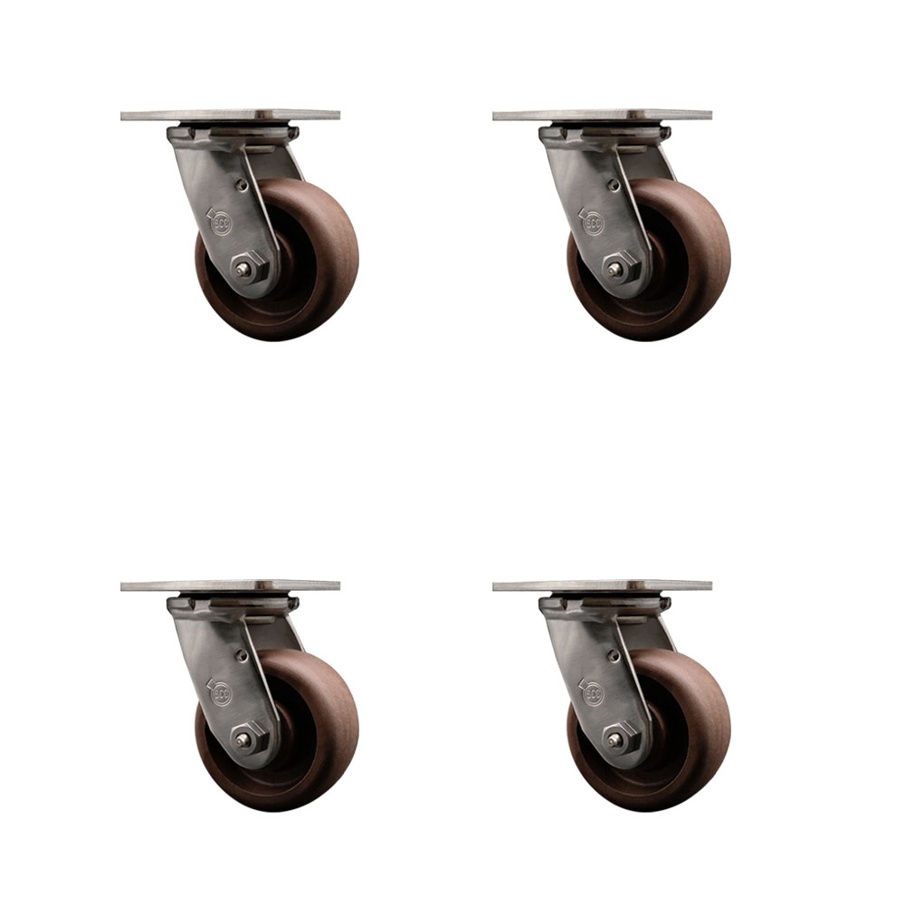 Stainless Steel Heavy Duty Swivel Caster Set of 4 with 4 Inch High Temperature Glass Filled Nylon Wheels - Includes 4 Swivel - 2,400 lbs. Total Capacity - Service Caster Brand — photo 1