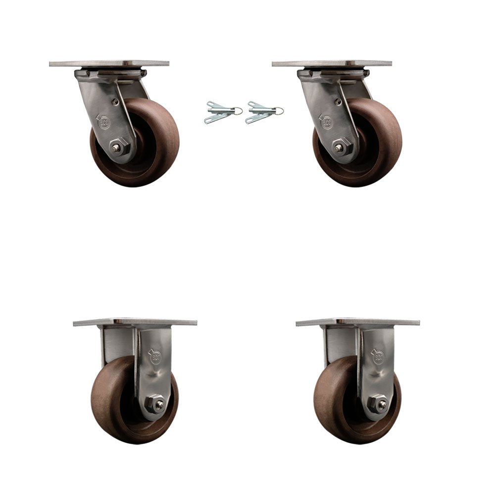 Stainless Steel Heavy Duty Swivel Caster Set of 4 with 4 Inch High Temperature Glass Filled Nylon Wheels - Includes 2 Swivel with Bolt on Swivel Locks and 2 Rigid - Service Caster Brand — photo 1