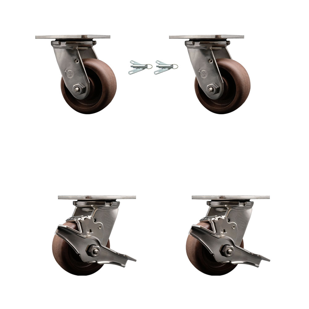 Stainless Steel Heavy Duty Swivel Caster Set of 4 with 4 Inch High Temperature Glass Filled Nylon Wheels - Includes 2 Swivel with Bolt on Swivel Locks and 2 Swivel with Brakes - Service Caster Brand — photo 1