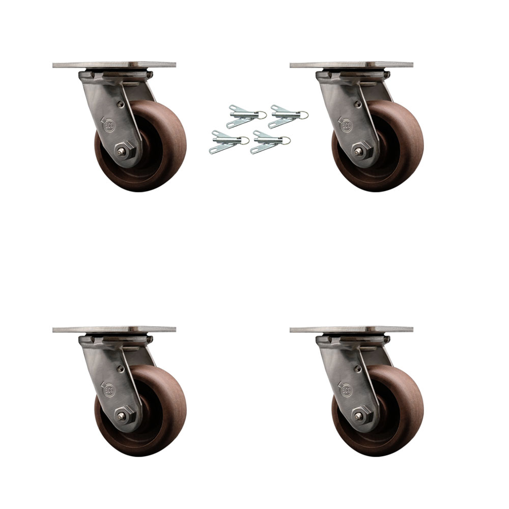 Stainless Steel Heavy Duty Swivel Caster Set of 4 with 4 Inch High Temperature Glass Filled Nylon Wheels - Includes 4 Swivel with Bolt on Swivel Locks - 2,400lbs. Total Capacity - Service Caster Brand — photo 1